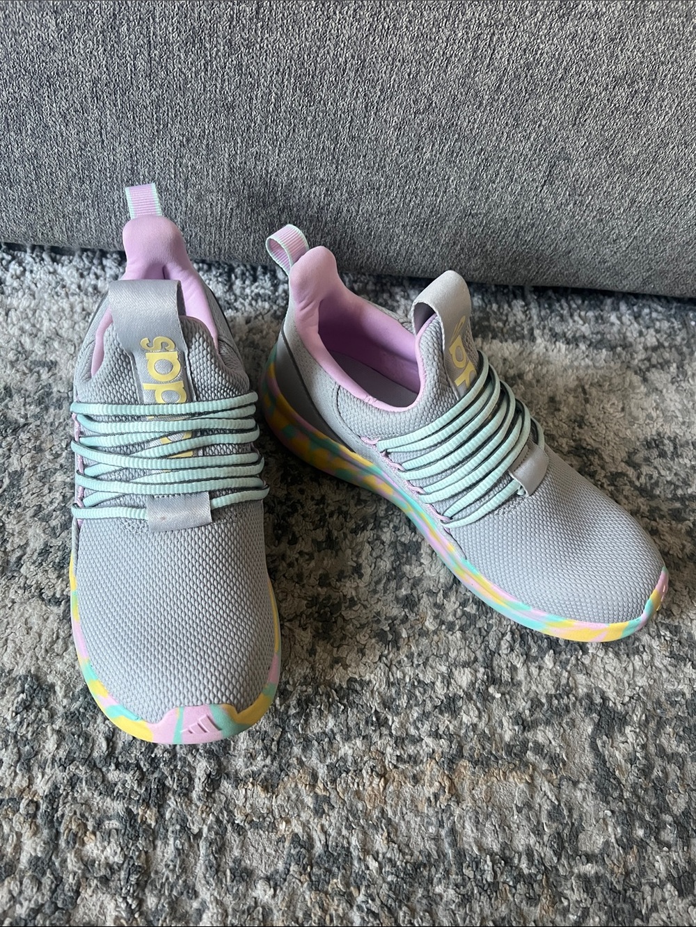 adidas women’s Light Gray Sneakers with Pastel Rainbow Accents